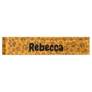 Dog Paws Black & White Polka Dot on dahlia orange Nameplate