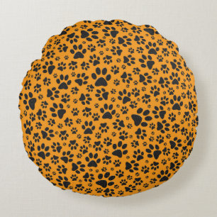 Dog Paws Black & White Polka Dot on dahlia orange Round Pillow