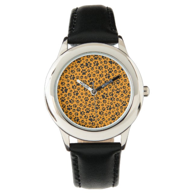 Dog Paws Black & White Polka Dot on dahlia orange Watch (Front)