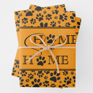 Dog Paws Black & White Polka Dot on dahlia orange Wrapping Paper Sheet