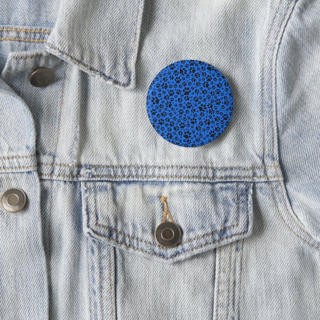 Dog Paws Black & White Polka Dot on tech blue 2 Inch Round Button (In Situ)