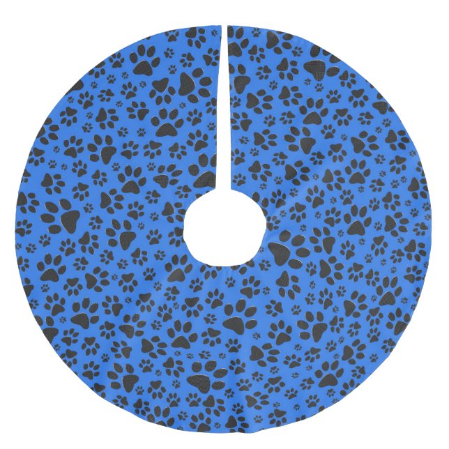 Dog Paws Black & White Polka Dot on tech blue Brushed Polyester Tree Skirt (Front)