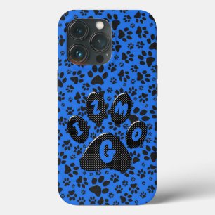 Dog Paws Black & White Polka Dot on tech blue iPhone 13 Pro Case