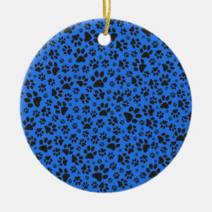 Dog Paws Black & White Polka Dot on tech blue Ceramic Ornament