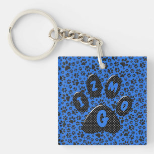 Dog Paws Black & White Polka Dot on tech blue Keyc Keychain