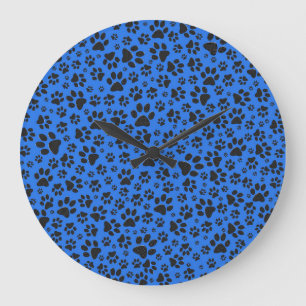 Dog Paws Black & White Polka Dot on tech blue Large Clock