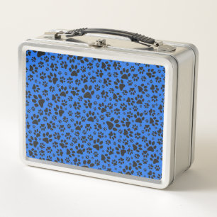 Dog Paws Black & White Polka Dot on tech blue Metal Lunch Box