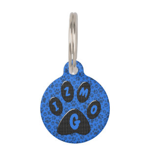 Dog Paws Black & White Polka Dot on tech blue Pet Tag