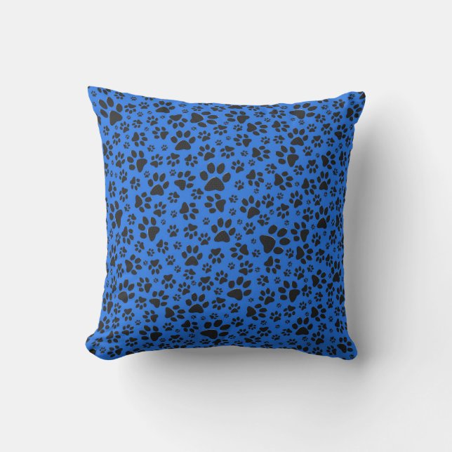 Dog Paws Black & White Polka Dot on tech blue Throw Pillow (Front)