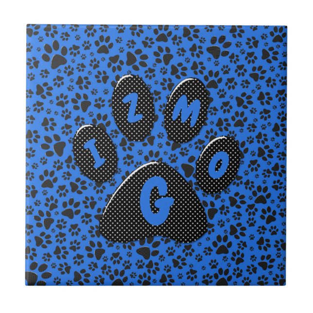 Dog Paws Black & White Polka Dot on tech blue Tile (Front)