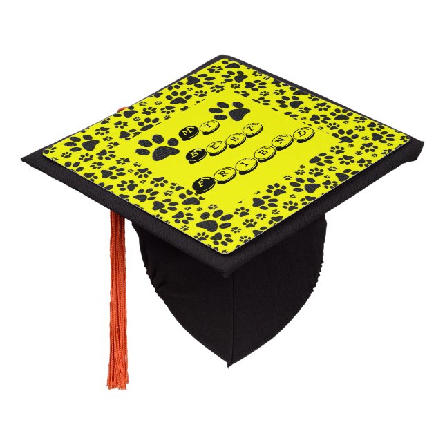 Dog Paws Black & White Polka Dot on yellow Graduation Cap Topper (Angled)
