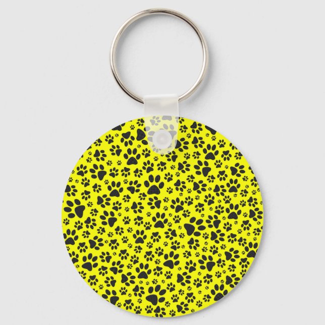 Dog Paws Black & White Polka Dot on yellow Keychain (Front)