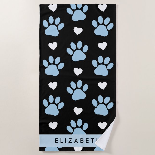 Dog Paws, Blue Paws, White Hearts, Your Name Beach Towel (Front)