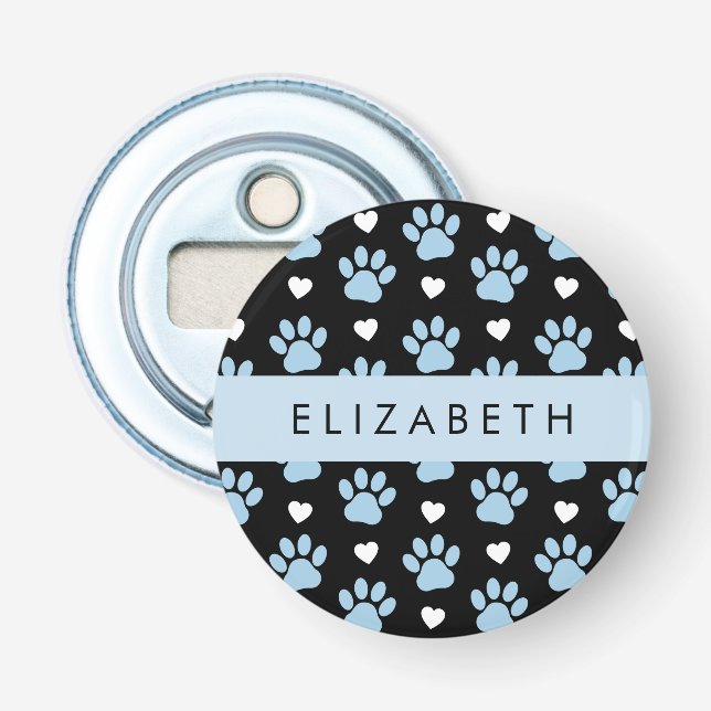Dog Paws, Blue Paws, White Hearts, Your Name Bottle Opener (Front)