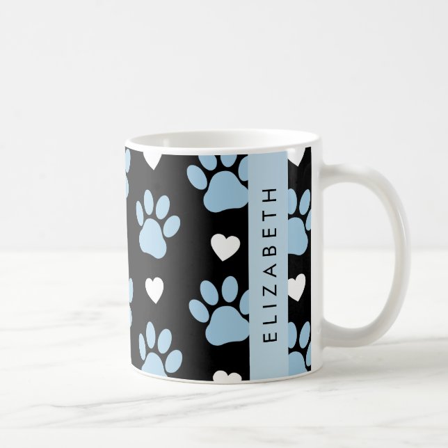 Dog Paws, Blue Paws, White Hearts, Your Name Coffee Mug (Right)