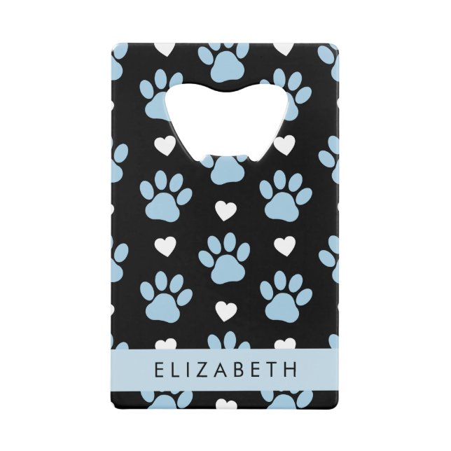 Dog Paws, Blue Paws, White Hearts, Your Name Credit Card Bottle Opener (Front)