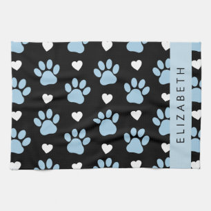 Dog Paws, Blue Paws, White Hearts, Your Name Kitchen Towel