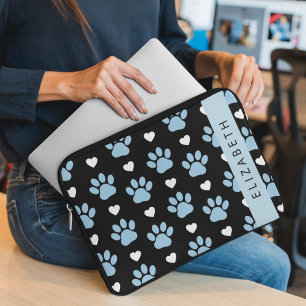 Dog Paws, Blue Paws, White Hearts, Your Name Laptop Sleeve