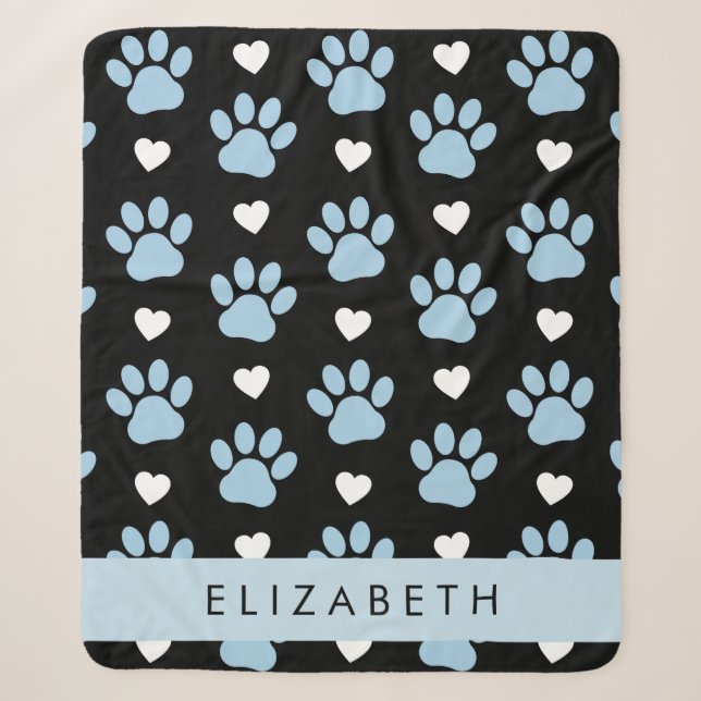 Dog Paws, Blue Paws, White Hearts, Your Name Sherpa Blanket (Front)
