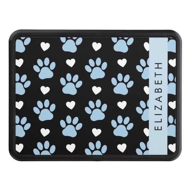 Dog Paws, Blue Paws, White Hearts, Your Name Trailer Hitch Cover (Front)