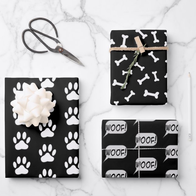 Dog Paws Bones Dog Lovers Black And White Pattern Wrapping Paper Sheet (Front)