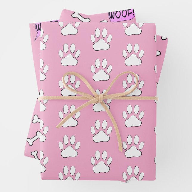 Dog Paws Bones Dog Lovers White And Pink Pattern Wrapping Paper Sheet (In situ)