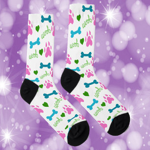 Dog Paws Bones Hearts Woof Pink Green Blue Socks