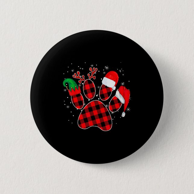 Dog Paws Christmas Buffalo Plaid Paw Santa Elf Rei 2 Inch Round Button (Front)