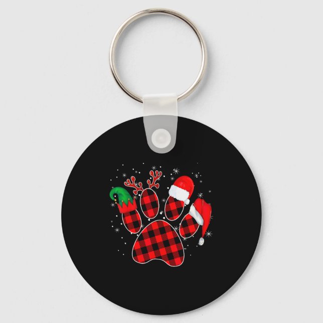 Dog Paws Christmas Buffalo Plaid Paw Santa Elf Rei Keychain (Front)