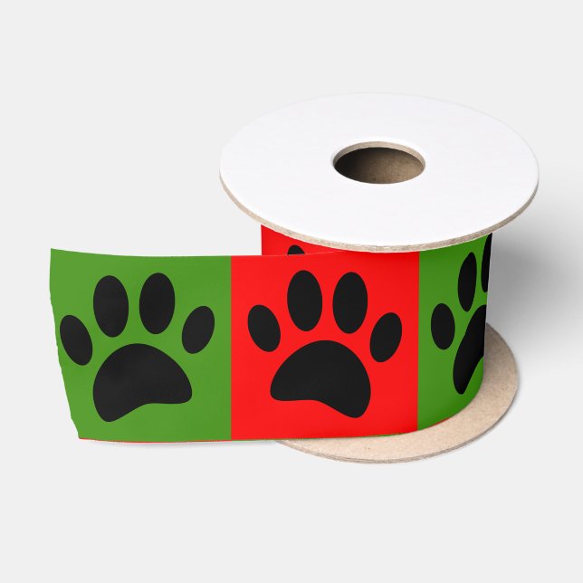 Dog Paws In Red And Green Squares Christmas Satin Ribbon (Spool)