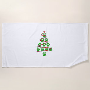 Dog Paws Print Christmas Tree for Dog Lovers Beach Towel