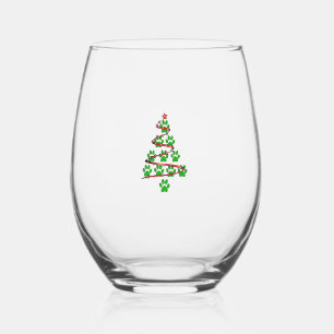 Dog Paws Print Christmas Tree for Dog Lovers Stemless Wine Glass