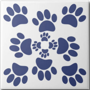 Dog Paws Prints Portuguese Style White and Blue  Tile