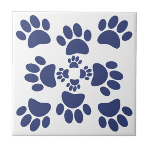 Dog Paws Prints Portuguese Style White and Blue  Tile