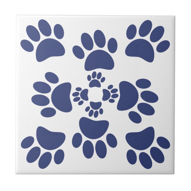 Dog Paws Prints Portuguese Style White and Blue  Tile (Front)
