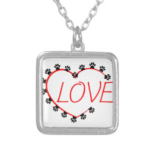 Dog Paws Red Heart Love Silver Plated Necklace