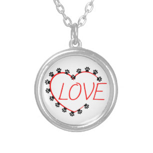 Dog Paws Red Heart Love Silver Plated Necklace