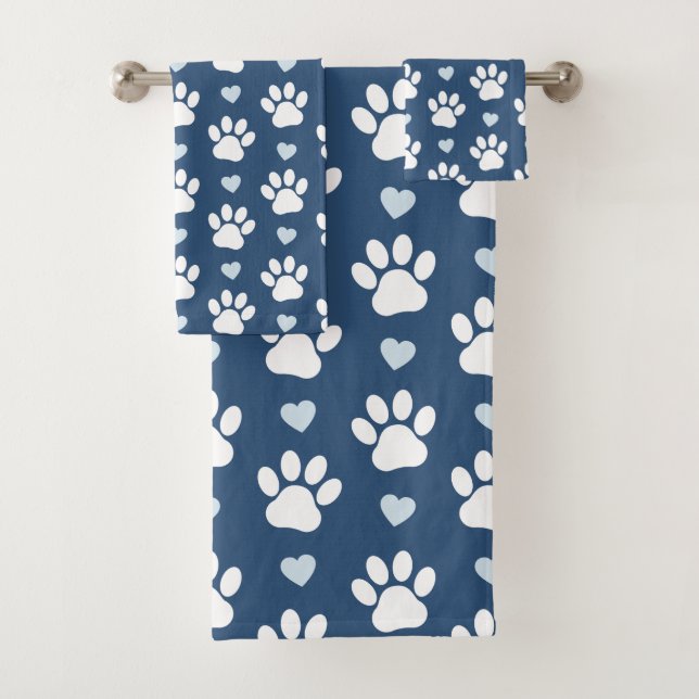Dog Paws, Traces, Animal Paws, Hearts - Blue White Bath Towel Set (Insitu)