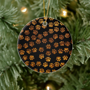 Dog Paws, Traces, Paw-prints, Glitter - Gold Black Ceramic Ornament