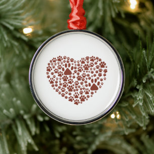 Dog Paws, Trails, Paw-prints, Heart - Brown Metal Ornament