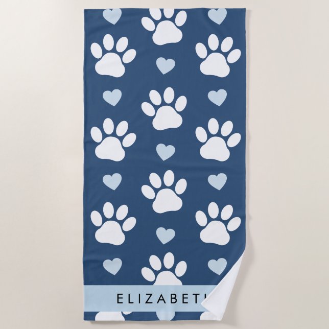 Dog Paws, White Paws, Blue Hearts, Your Name Beach Towel (Front)