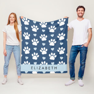 Dog Paws, White Paws, Blue Hearts, Your Name Fleece Blanket