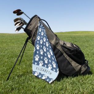 Dog Paws, White Paws, Blue Hearts, Your Name Golf Towel