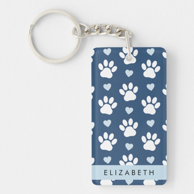 Dog Paws, White Paws, Blue Hearts, Your Name Keychain (Front)