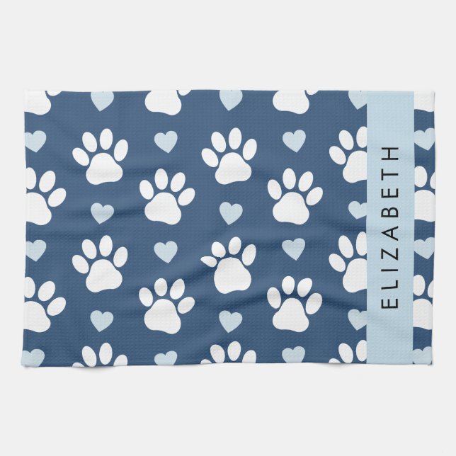 Dog Paws, White Paws, Blue Hearts, Your Name Kitchen Towel (Horizontal)