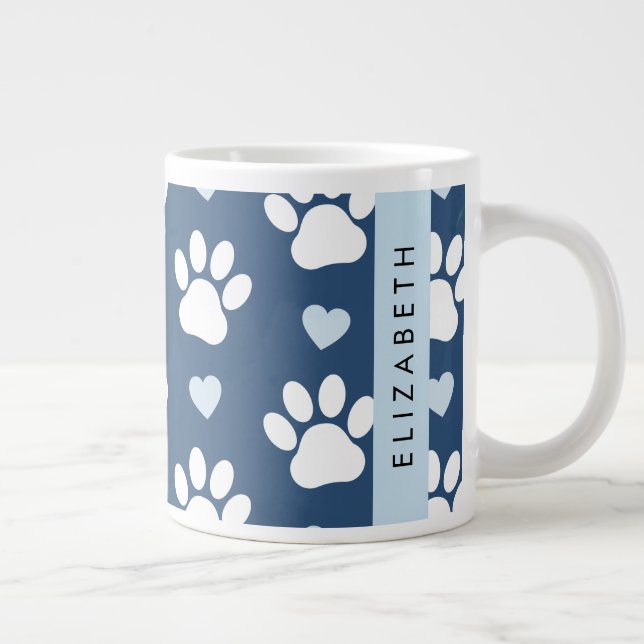 Dog Paws, White Paws, Blue Hearts, Your Name Large Coffee Mug (Right)