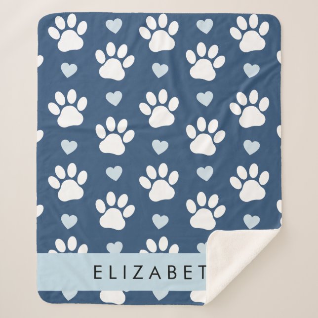 Dog Paws, White Paws, Blue Hearts, Your Name Sherpa Blanket (Front)