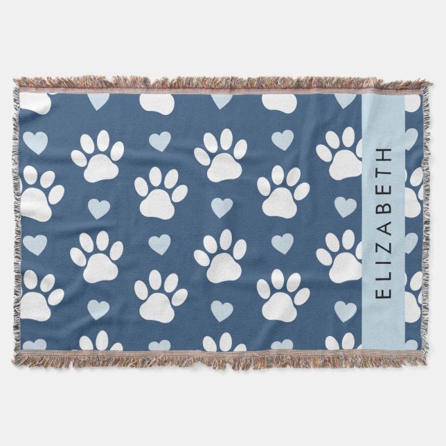 Dog Paws, White Paws, Blue Hearts, Your Name Throw Blanket (Front)