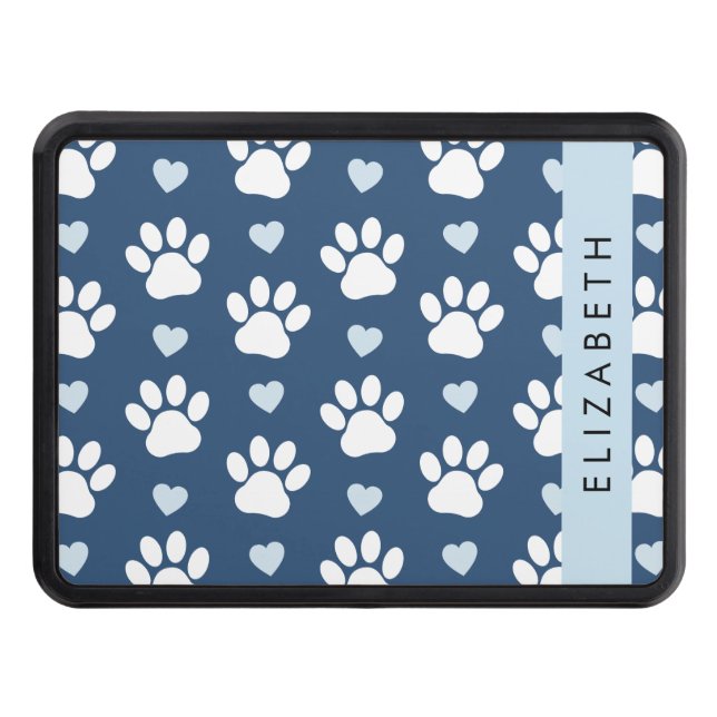 Dog Paws, White Paws, Blue Hearts, Your Name Trailer Hitch Cover (Front)