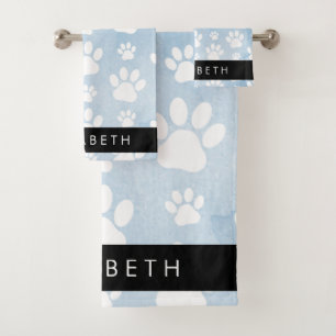 Dog Paws, White Paws, Blue Watercolors, Your Name Bath Towel Set